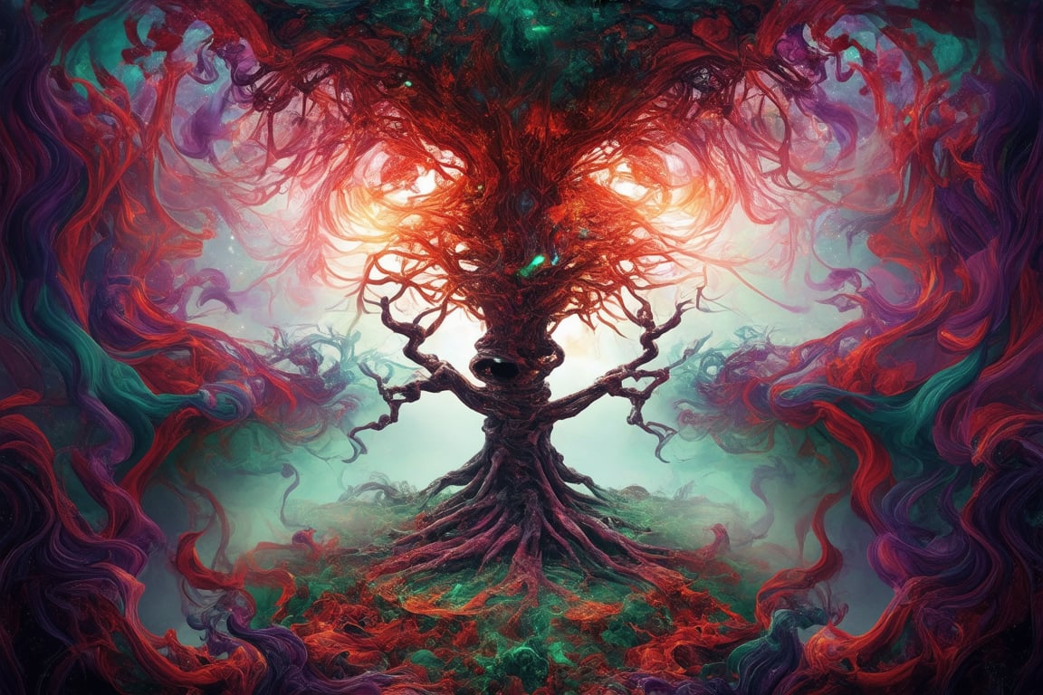 A dreamscapes of eerie enchantment unfurls: twisted treetops writhe like skeletal fingers, their leaves morphing into eyes that gaze with ancient wisdom. Ethereal beings born from moonlit whispers dance amidst swirling smoke and mist, as the air thickens with an otherworldly presence. Vibrant hues of crimson, emerald, and amethyst bleed together in a kaleidoscope of madness. In this subliminal realm, physics is but a distant memory, as the surreal landscape weaves a tapestry of hyper-detailed mystique. UE5's mastery brings forth a 8k masterpiece of lunatic beauty, where the boundaries between reality and nightmare blur into an out-of-this-world spectacle.