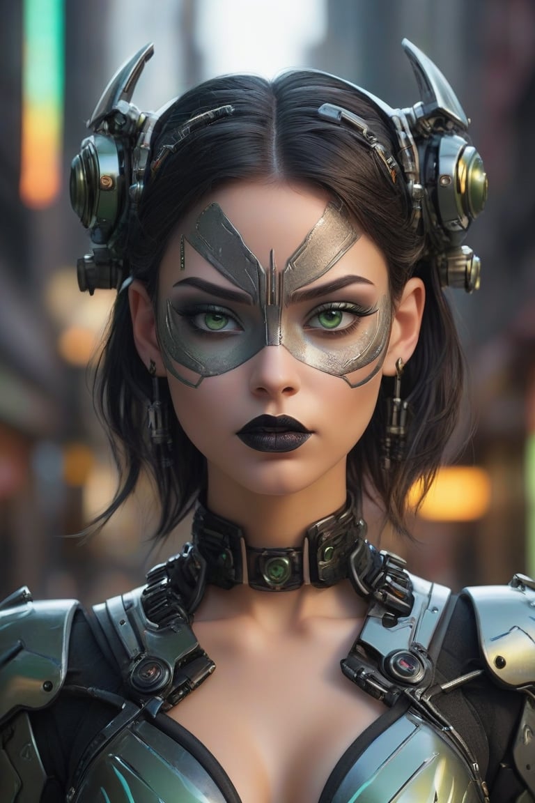 A female cyborg with a human head all elegant, symmetric face, piercing green eyes, a serious gaze, pointy nose, perfect sensible ears with high tech ear plugs, with black face paint stripes on her cheeks and beautiful meaty lips with shiny black lipstick, her biomechanical body armor is made from expensive metal and steel alloys with a chrome metallic shine, extra durable and designed to complement the female body figure, on the body armor there are some futuristic neon light stripes that emanate discrete light, the cyborg is located on a town square of a futuristic megapolis resembling a Neo New York like cyberpunk city with all the elements of a futuristic city in a sci fi Hollywood blockbuster, hyper detailed, ultra detailed textures, octane render, immaculate lighting, majestic, perfect rendering, HDR, 16k