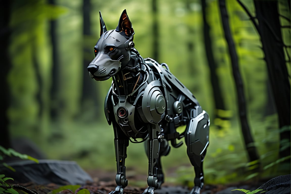 A cyborg dog made completely of the most expensive alloys that modern scientists use, the design resembles a Doberman just that it has state of the art aerodynamic lines, standing in front of a futuristic army base deep in an unknown forest, detailed textures, Futurism, ray tracing, cinematic lighting, Nikon, super detail, UHD, masterpiece,jixie