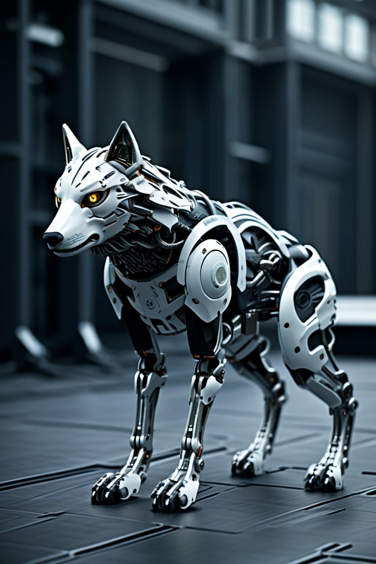 A biomechanical robot that resembles a humanoid wolf mate from biological and artificial materials, a fusion of organic and artificial, the head is wolf like while the body is human like, the joints are of organic matter, the head is a fusion of organic and artificial, the body and limbs are a mix between organic and artificial matter, the artificial matter consists of carbon based materials and titanium, the creature is located in a state of the art robot testing facility under the bright LED lights, hyper detailed, octane render, natural colors, superb shadowing, perfect particle effects, 16k