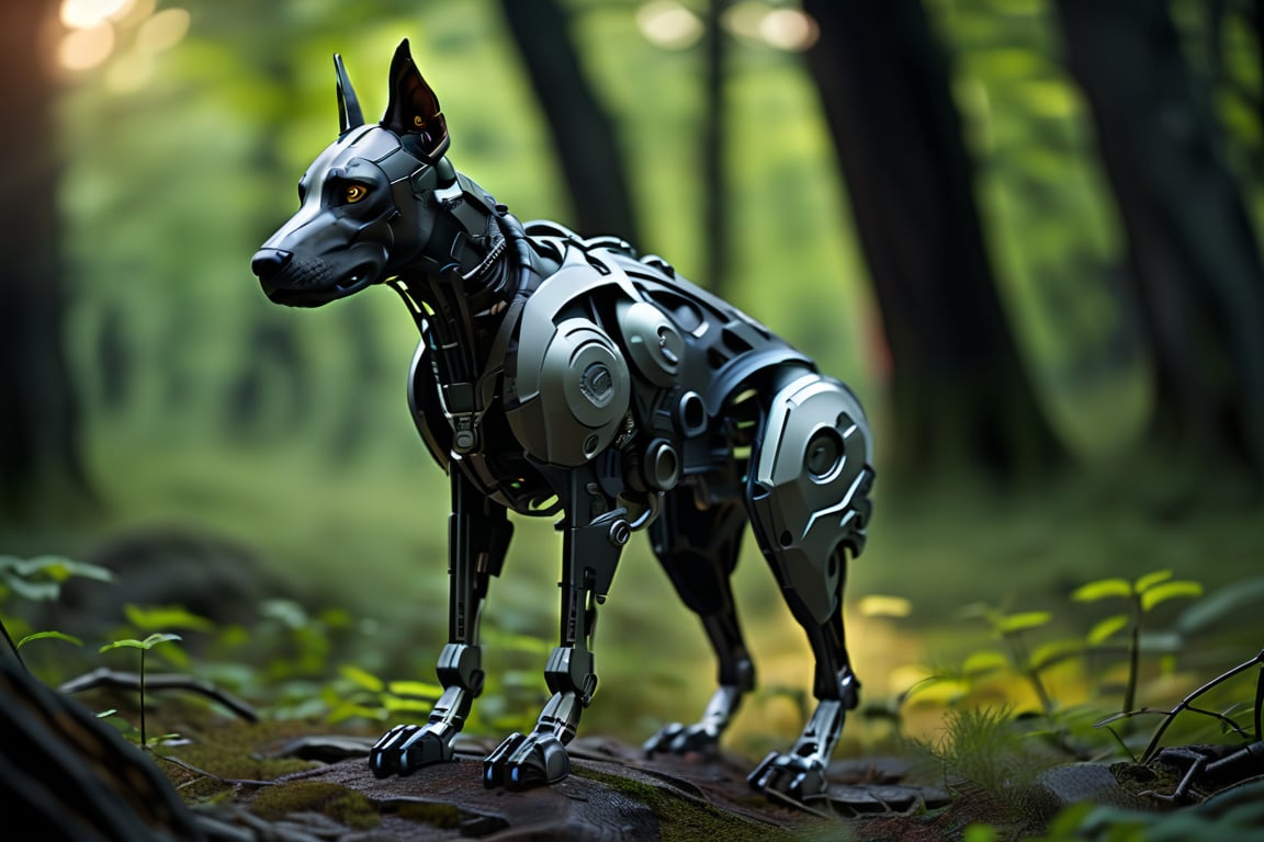 A cyborg dog made completely of the most expensive alloys that modern scientists use, the design resembles a Doberman just that it has state of the art aerodynamic lines, standing in front of a futuristic army base deep in an unknown forest, detailed textures, Futurism, ray tracing, cinematic lighting, Nikon, super detail, UHD, masterpiece,jixie