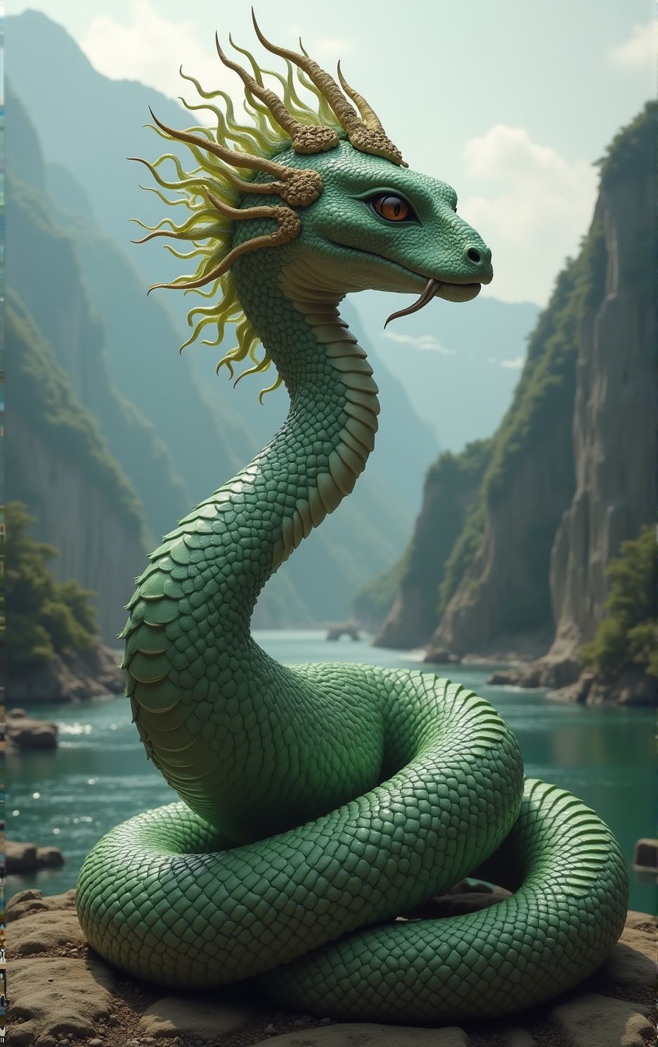 Mythical creature, (((human-headed snake))), SFW, (((ratite))), the figure has a regal and ethereal appearance, with smooth, pale skin on a human face and the green scales of a snake. The head is decorated with an elaborate crown that resembles scales or feathers, adding to the creature's mystical aura. The snake's body is coiled in a spiral shape, with its tail end touching the ground and its upper body rising gracefully. The scales are delicate and detailed, whole body, mountains and rivers as background, side view, front view, (((looking at the audience)))
