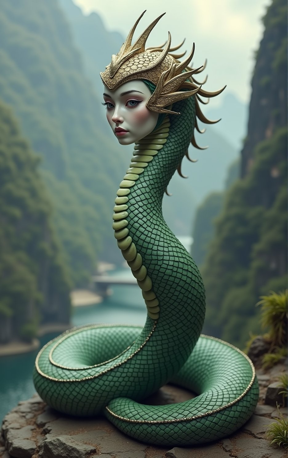 Mythical creature, (((human-headed snake))), SFW, (((ratite))), the figure has a regal and ethereal appearance, with smooth, pale skin on a human face and the green scales of a snake. The head is decorated with an elaborate crown that resembles scales or feathers, adding to the creature's mystical aura. The snake's body is coiled in a spiral shape, with its tail end touching the ground and its upper body rising gracefully. The scales are delicate and detailed, whole body, mountains and rivers as background, side view, front view, (((looking at the audience)))
