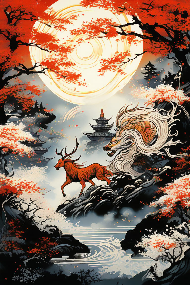 Masterpiece, beautiful and aesthetic, ultra detail, intricate, calligraphy brush, gold leaf sparkle, kanji, intricate nishiki-e, describing an epic scene, a mystical qilin galloping through a lush forest, its antlers glowing, leaving a trail of blossoms in its wake. Inspired by Chinese folklore.