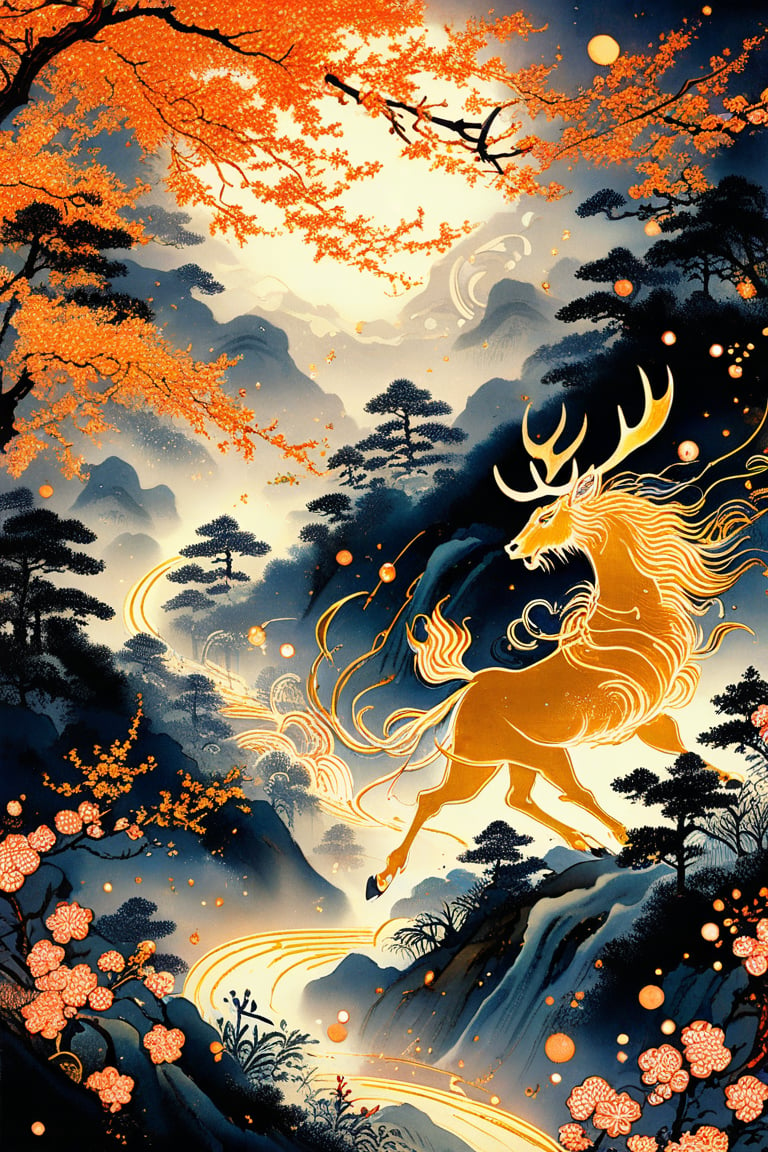 Masterpiece, beautiful and aesthetic, ultra detail, intricate, calligraphy brush, gold leaf sparkle, kanji, intricate nishiki-e, describing an epic scene, a mystical qilin galloping through a lush forest, its antlers glowing, leaving a trail of blossoms in its wake. Inspired by Chinese folklore.