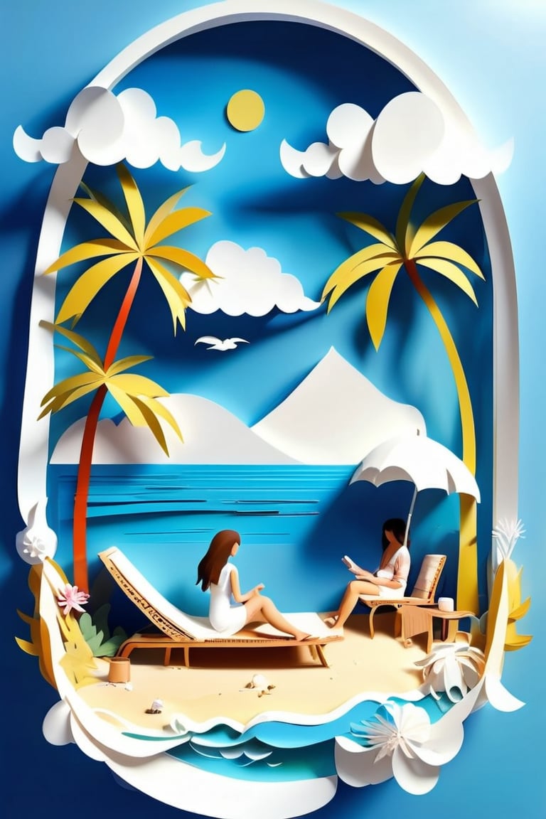 paper strip diorama, fantasy, seaside, blue sky, clouds, scenery, summer, people suffering in the sea, girl on sun loungers , coconut trees, papercut