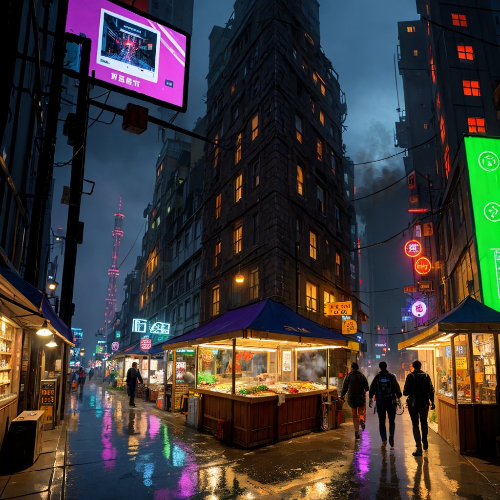 Futuristic cyberpunk cityscape, towering skyscrapers with neon signs, glowing in blue and purple hues. Streets are bathed in twilight, with neon reflections on wet pavement. Gigantic holographic ads hover in the air, promoting cybernetic enhancements. Narrow alleys filled with market stalls and shadowy bars, people and androids with cybernetic modifications. Overhead, transport networks crisscross, creating a web of movement. In the background, massive industrial complexes emit steam and smoke into the heavy air. The landscape reflects the contrast between advanced technology and moral decay. ultra realistic, epic realism