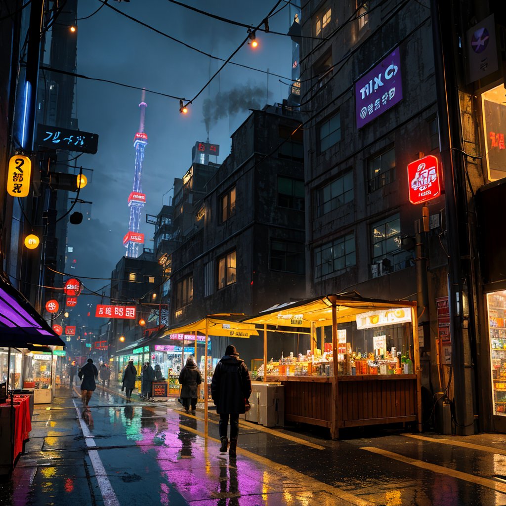 Futuristic cyberpunk cityscape, towering skyscrapers with neon signs, glowing in blue and purple hues. Streets are bathed in twilight, with neon reflections on wet pavement. Gigantic holographic ads hover in the air, promoting cybernetic enhancements. Narrow alleys filled with market stalls and shadowy bars, people and androids with cybernetic modifications. Overhead, transport networks crisscross, creating a web of movement. In the background, massive industrial complexes emit steam and smoke into the heavy air. The landscape reflects the contrast between advanced technology and moral decay. ultra realistic, epic realism