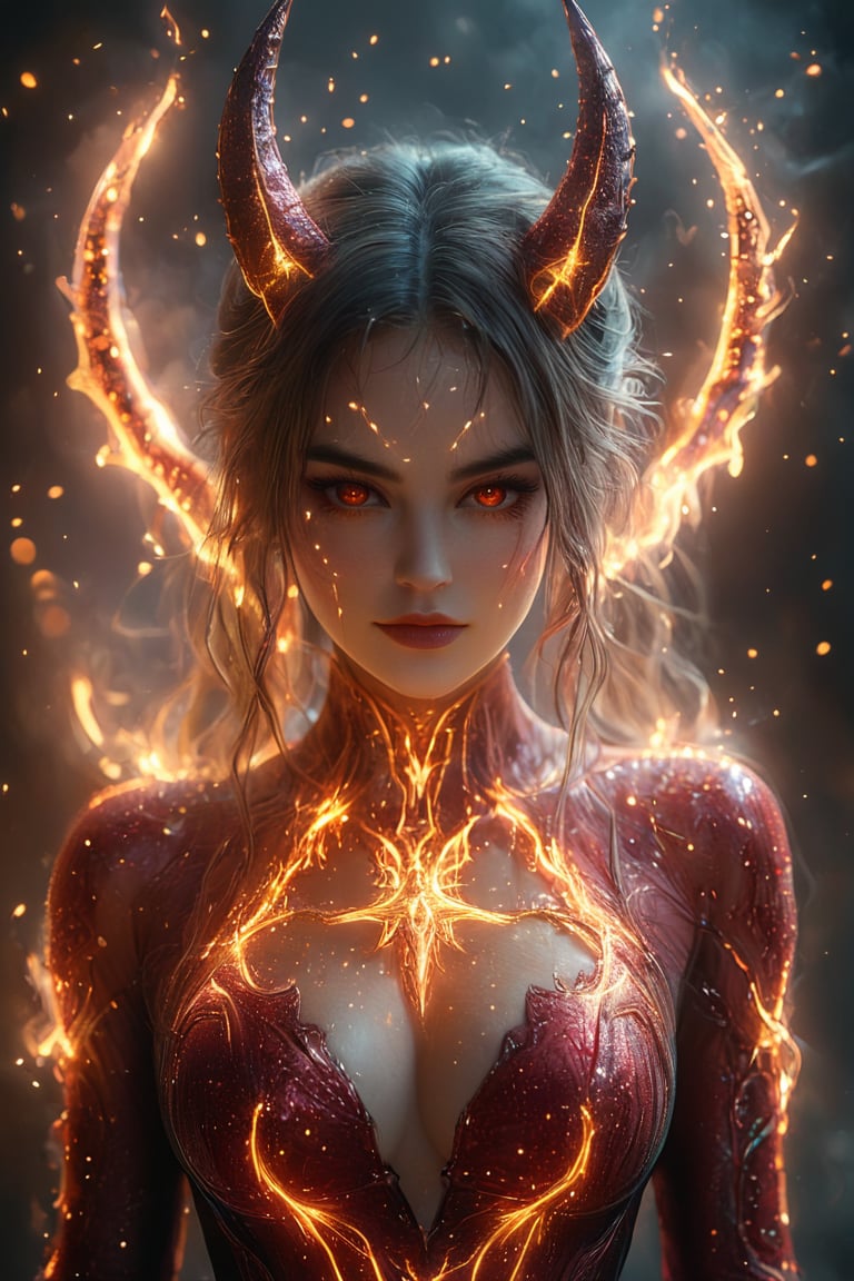 a beautiful female is wearing a devil costume and Horns on her front made of gold and fire, glowing light particles and sparkles in the style of glitter and diamond dust, hyper-realistic fire, fairycore, hkmagic, masterpiece, best quality, highly detailed, sharp focus, dynamic lighting,cip4rf,hkevil