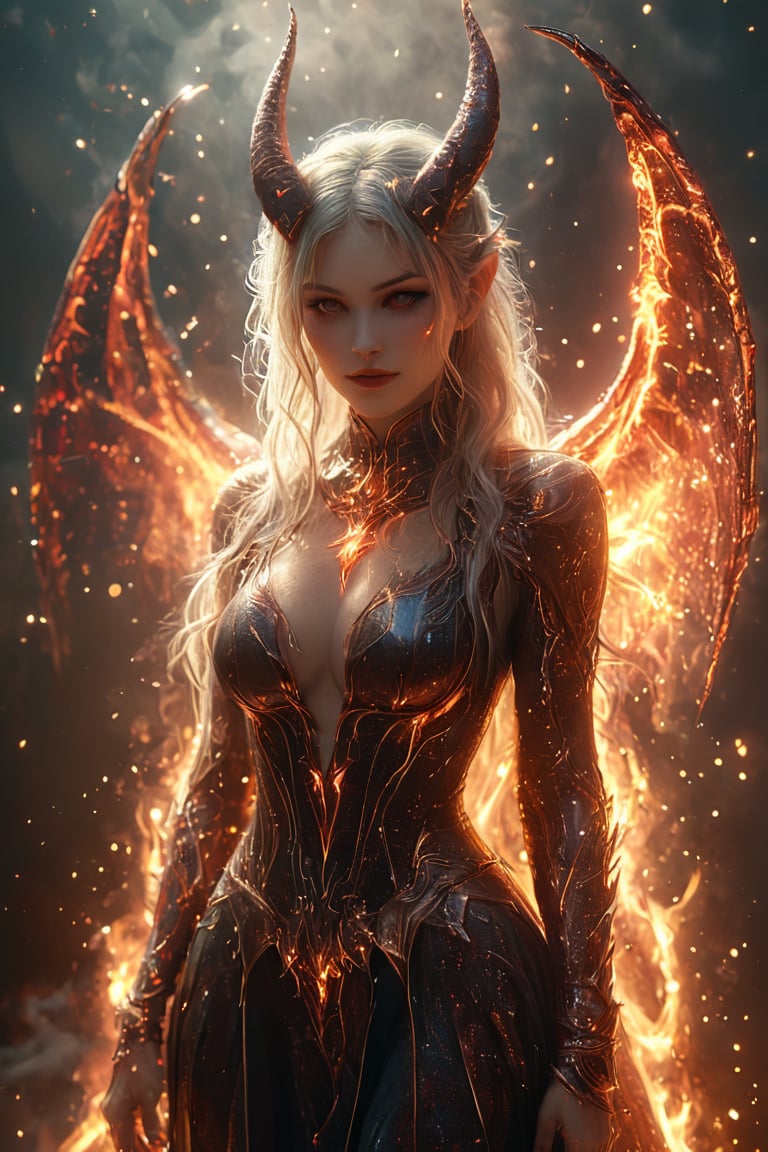 a beautiful female is wearing a devil costume and Horns on her front made of gold and fire, glowing light particles and sparkles in the style of glitter and diamond dust, hyper-realistic fire, fairycore, hkmagic, masterpiece, best quality, highly detailed, sharp focus, dynamic lighting,cip4rf,hkevil