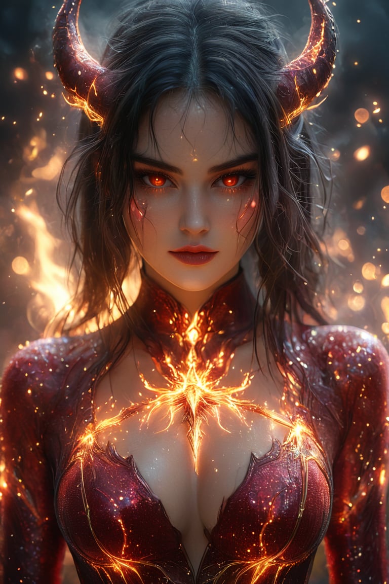 a beautiful female is wearing a devil costume and Horns on her front made of gold and fire, glowing light particles and sparkles in the style of glitter and diamond dust, hyper-realistic fire, fairycore, hkmagic, masterpiece, best quality, highly detailed, sharp focus, dynamic lighting,cip4rf,hkevil