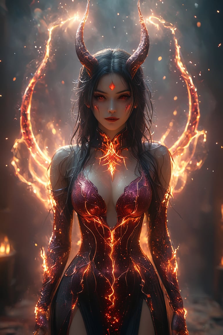 a beautiful female is wearing a devil costume and Horns on her front made of gold and fire, glowing light particles and sparkles in the style of glitter and diamond dust, hyper-realistic fire, fairycore, hkmagic, masterpiece, best quality, highly detailed, sharp focus, dynamic lighting, firely red background, blurry background, cip4rf,hkevil