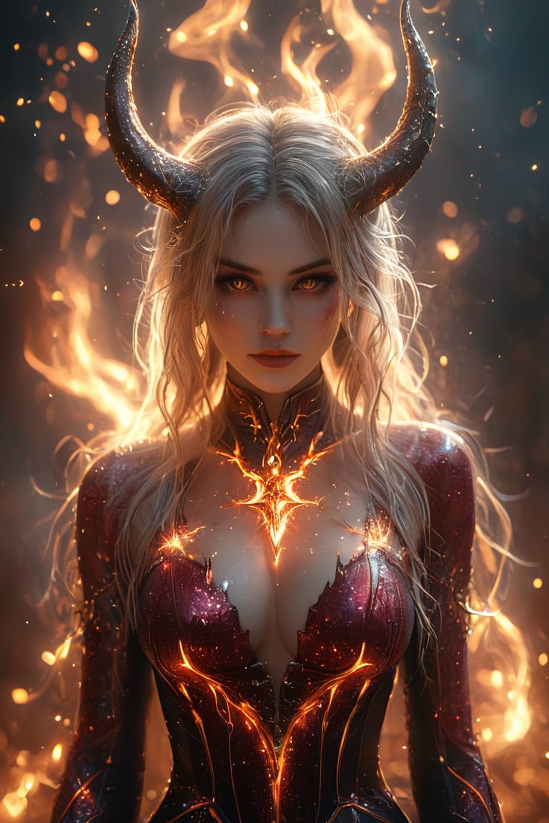 a beautiful female is wearing a devil costume and Horns on her front made of gold and fire, glowing light particles and sparkles in the style of glitter and diamond dust, hyper-realistic fire, fairycore, hkmagic, masterpiece, best quality, highly detailed, sharp focus, dynamic lighting, burning background, blurry background, cip4rf,hkevil