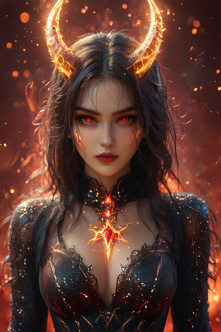 a beautiful female is wearing a devil costume and Horns on her front made of gold and fire, glowing light particles and sparkles in the style of glitter and diamond dust, hyper-realistic fire, fairycore, hkmagic, masterpiece, best quality, highly detailed, sharp focus, dynamic lighting, firely red background, blurry background, cip4rf,hkevil