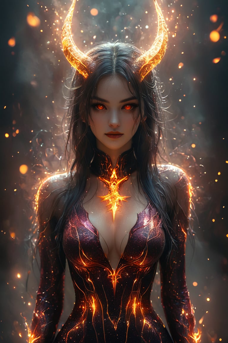 a beautiful female is wearing a devil costume and Horns on her front made of gold and fire, glowing light particles and sparkles in the style of glitter and diamond dust, hyper-realistic fire, fairycore, hkmagic, masterpiece, best quality, highly detailed, sharp focus, dynamic lighting,cip4rf,hkevil