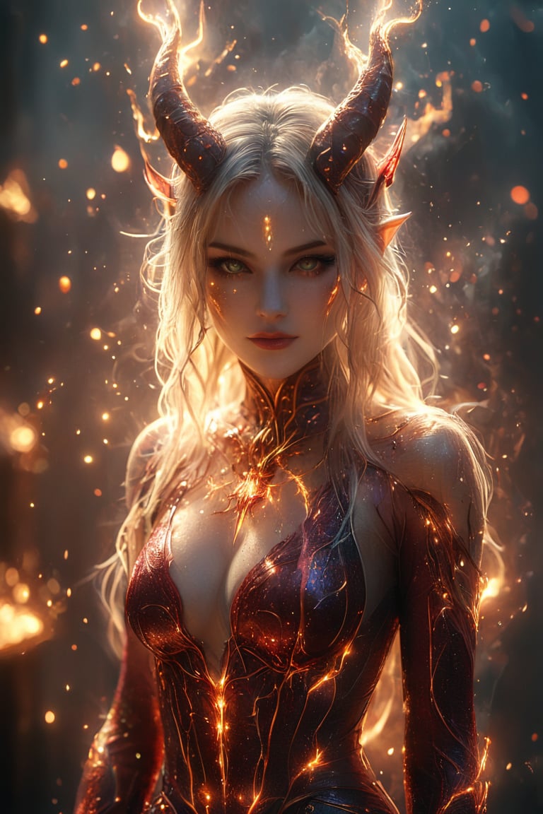 a beautiful female is wearing a devil costume and Horns on her front made of gold and fire, glowing light particles and sparkles in the style of glitter and diamond dust, hyper-realistic fire, fairycore, hkmagic, masterpiece, best quality, highly detailed, sharp focus, dynamic lighting,cip4rf,hkevil