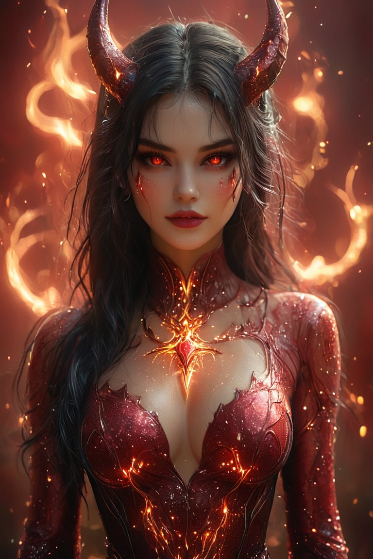 a beautiful female is wearing a devil costume and Horns on her front made of gold and fire, glowing light particles and sparkles in the style of glitter and diamond dust, hyper-realistic fire, fairycore, hkmagic, masterpiece, best quality, highly detailed, sharp focus, dynamic lighting, firely red background, blurry background, cip4rf,hkevil