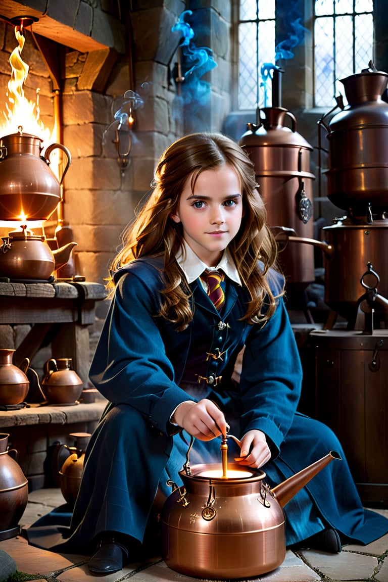 Hermione Granger (Emma Watson at the age of 11) with blue eyes, big copper kettle, brew, brewing potions, magically mix the potion with her wand, mixing potions, sitting, sitting on the ground, dim light, volumetric lighting, hyper realistic, intricate background, looking at viewer, perfectly detailed eyes, 