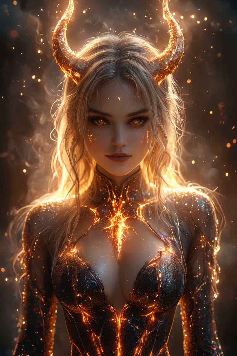 a beautiful female is wearing a devil costume and Horns on her front made of gold and fire, glowing light particles and sparkles in the style of glitter and diamond dust, hyper-realistic fire, fairycore, hkmagic, masterpiece, best quality, highly detailed, sharp focus, dynamic lighting,cip4rf,hkevil