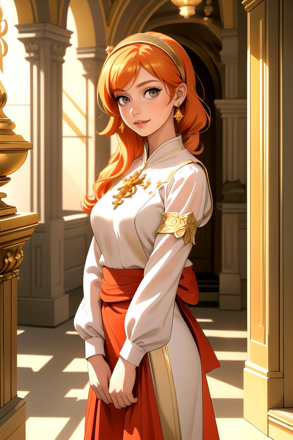 centered, masterpiece, |  woman, standing, solo, fantasy world, fantasy abbey foyer, european architecture, | bokeh, depth of field, hyperealistic shadows, orange hair, (grey eyes), arms crossed front, warm smile, closed lips, (gold red white clothes), ((golden)) hairband, golden earrings
