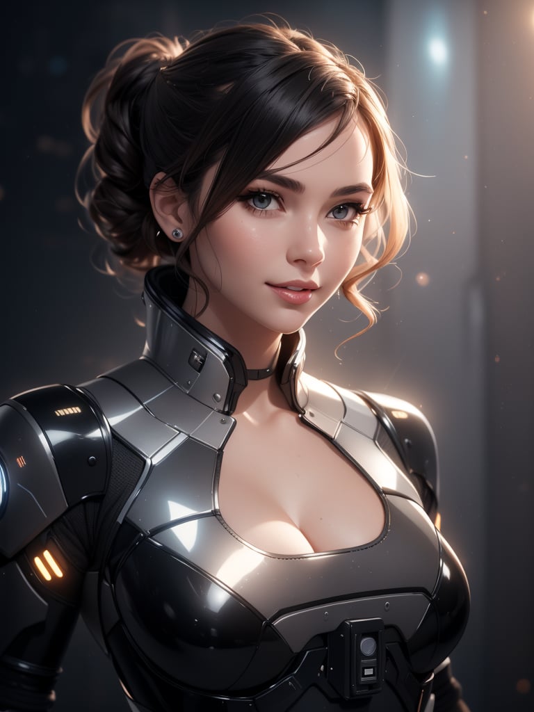 masterpiece, best quality, photorealistic, raw photo, sexy girl, beautiful girl, young girl, solo, Hyperrealistic, hyperdetailed, realistic face, high-resolution, realistic style, 8k, detailed hair, beautiful face, perfect face, stud earrings, short wavy hairstyle, 1 girl, happy warmth friendly expression, closed lips, sci-fi, black grey spacesuit, sci-fi background