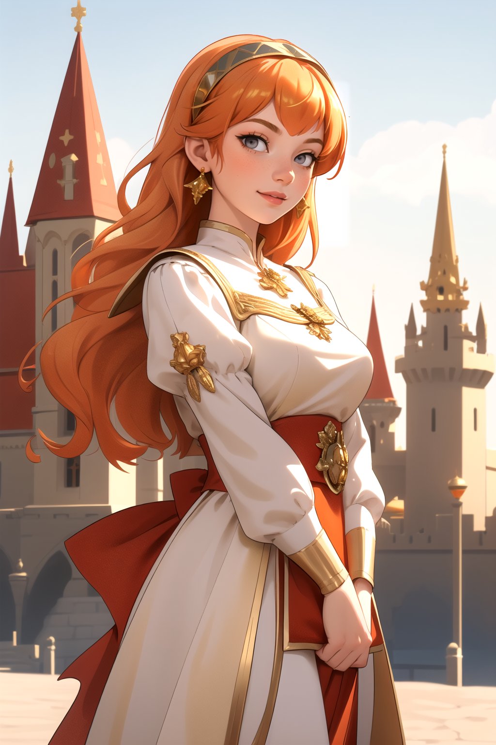 centered, masterpiece, |  woman, standing, solo, fantasy world, fantasy castle, european architecture, | bokeh, depth of field, hyperealistic shadows, orange hair, (grey eyes), arms crossed front, warm smile, closed lips, (gold red white clothes), ((golden)) hairband, golden earrings
