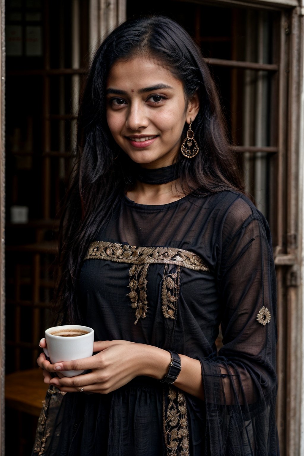 beautiful cute young attractive indian teenage girl, village girl, 17 years old, cute, hot, sexy, face smiles, school girl,Instagram model, long black_hair, colorful hair, warm, romantic, salwar suit  ,indian, ,AanyaaSanay,drop earrings, at  coffee shop