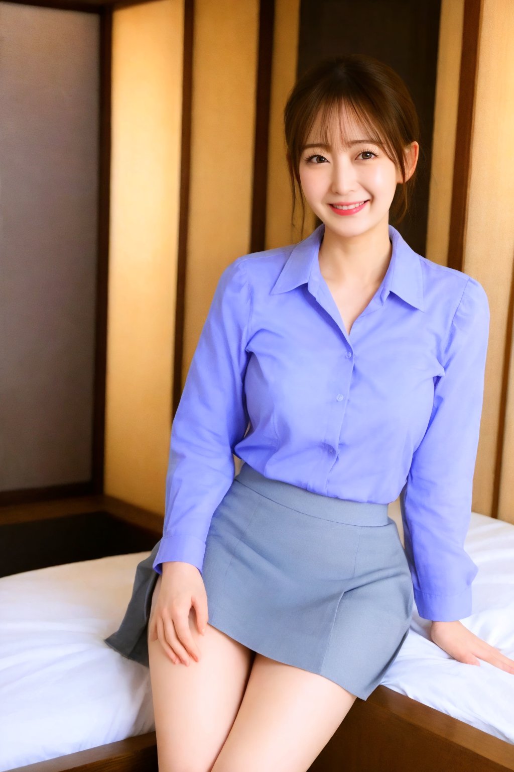 Masterpiece, best quality image, photo quality, photo realistic, 4K high resolution, cinematic lighting, Japanese woman, woman is 50 years old, model's eyes are drawn in high resolution, model's face is drawn in high resolution, woman is wearing a very light blue-purple business shirt, grey tight skirt, woman has beautiful legs, shot in a business hotel room, woman is standing near the bed, woman shot from the front, smiling, round face, updo, perfect hands, perfect legs, perfect fingers,