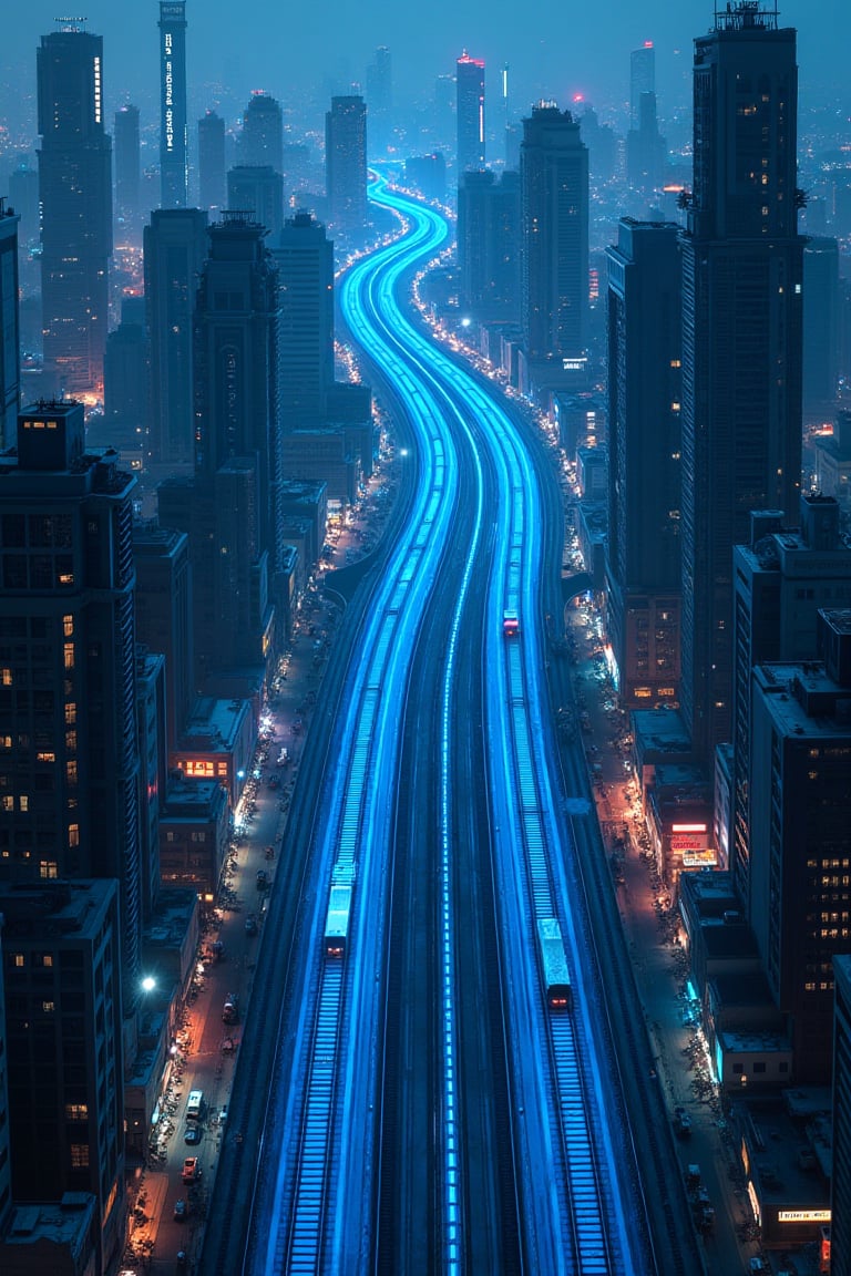 "Sky-High Perspective of Blue Neon Tracks Weaving Through a Futuristic Mega-Metropolis"
A wide shot from above, capturing blue neon railway tracks weaving through a dense, futuristic mega-metropolis. The tracks connect various districts, from bustling marketplaces to high-tech industrial zones, with cargo trains moving swiftly through the vibrant, chaotic cityscape bathed in neon lights and perpetual twilight.
