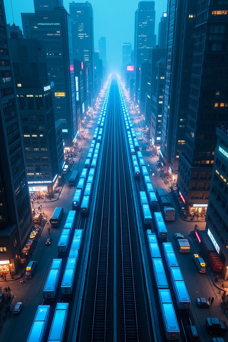 "Sky-High Perspective of Blue Neon Tracks Weaving Through a Futuristic Mega-Metropolis"
A wide shot from above, capturing blue neon railway tracks weaving through a dense, futuristic mega-metropolis. The tracks connect various districts, from bustling marketplaces to high-tech industrial zones, with cargo trains moving swiftly through the vibrant, chaotic cityscape bathed in neon lights and perpetual twilight.
