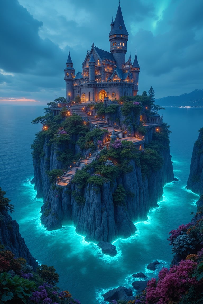 wide view of a castle situated on a small island, surrounded by ocean , bioluminescent water, vibrant colourful plants, ultra details, photorealistic, 16K,