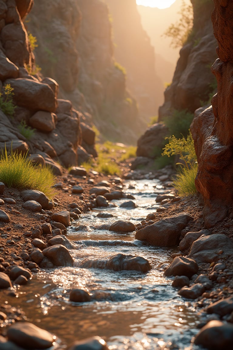 Close up view of a small stream running through a desert canyon, summer, sunbeams, 16K, ultra details, photorealistic