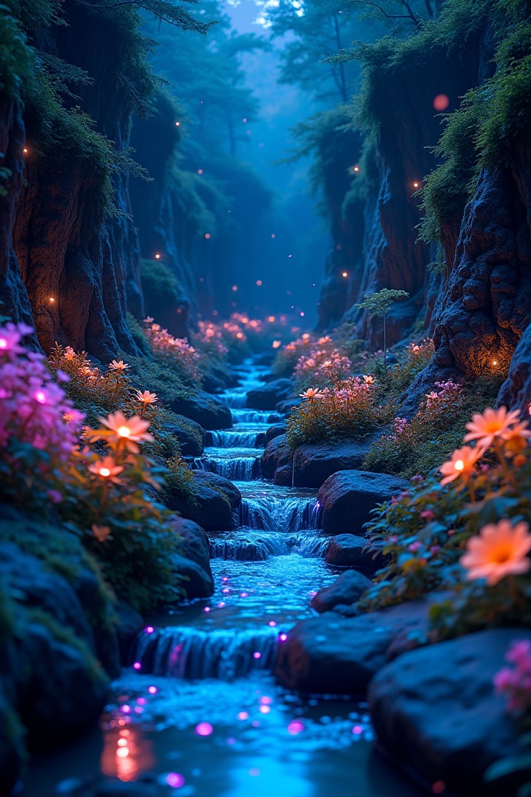 Close up view of a small stream running through a deep canyon, bioluminescent water, vibrant colourful plants, fireflies, night, stars, planets, ultra details, photorealistic, 16K,