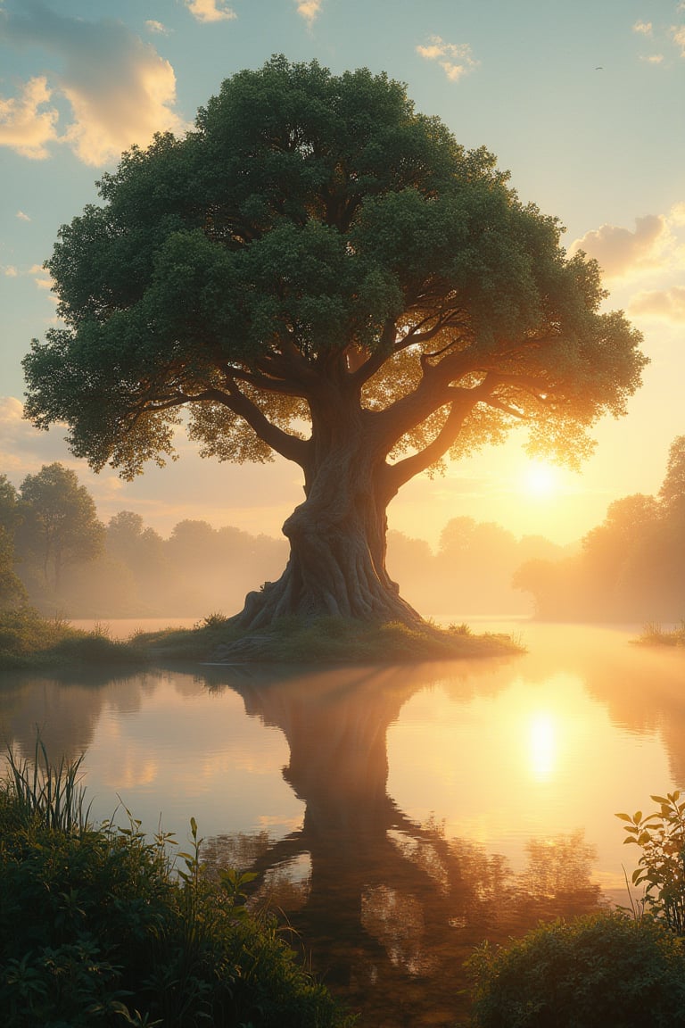 an ornate ancient large tree sits on a glass like surface of a lake, mist, summer sunset, sun beams, evening glow, golden sky, high details, photorealistic, 16K,