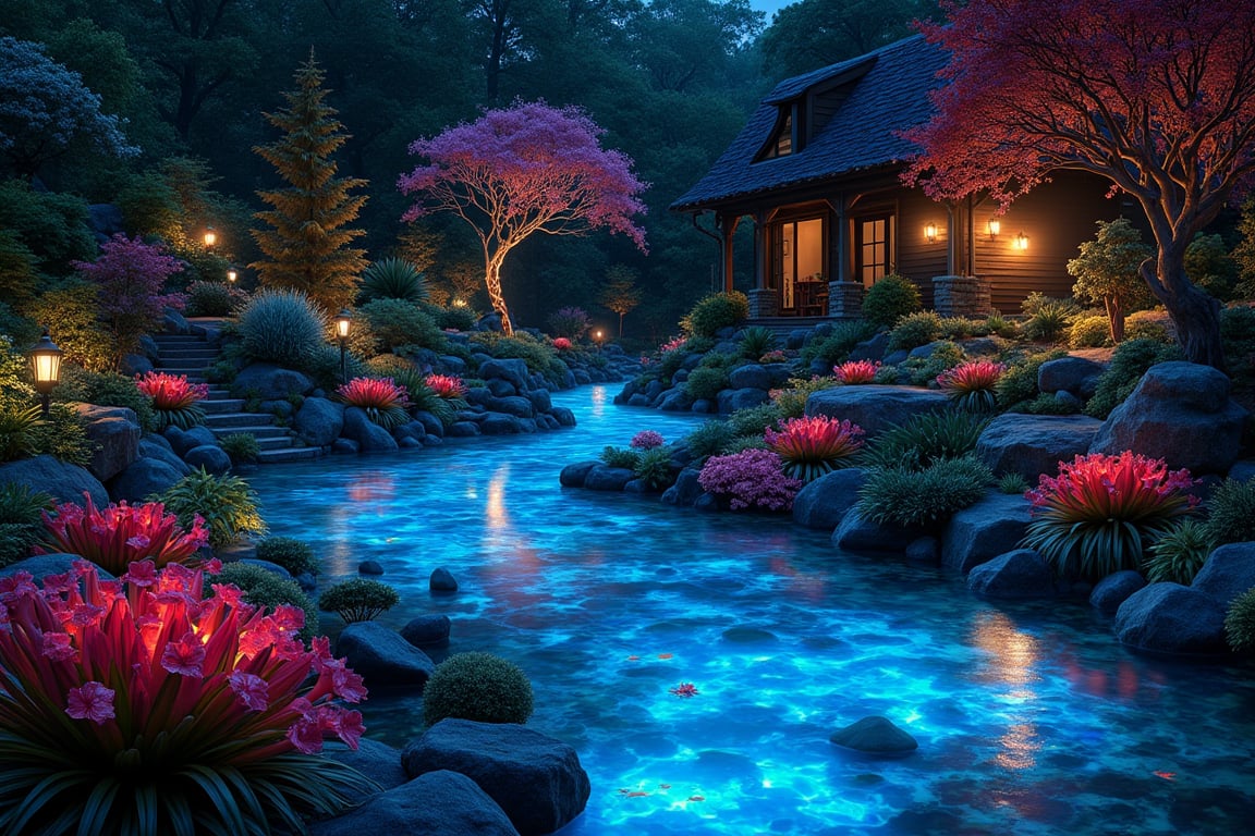 a garden pond, bioluminescent water, night, vibrant colourful plants, ultra details, photorealistic, 16K,