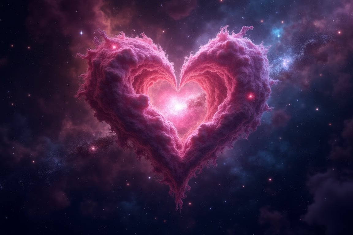 a heart shaped galaxy, stars, nebula, dust clouds, chaos, vibrant colours, photorealistic, 16K, ultra details, 