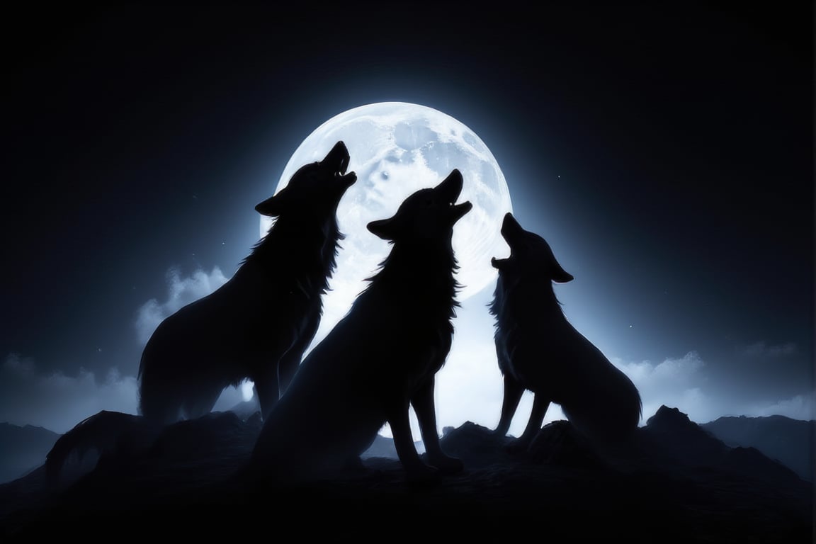 silhouette of three howling wolves standing on a ridge, set against a backdrop of a black sky, half moon, stars. The moon is highly detailed and textured, while the wolves are entirely in shadow, creating a stark contrast, Canon EOS 5D Mark IV, masterpiece, 35mm photograph, film grain, award winning photography,vibrant use of light and shadow, vivid colors,high quality textures of materials, volumetric textures perfect composition, dynamic play of light, rich colors, epic shot, perfectly quality, natural textures,high detail, high sharpness, high clarity, detailed ,photoshadow, intricate details, 16k