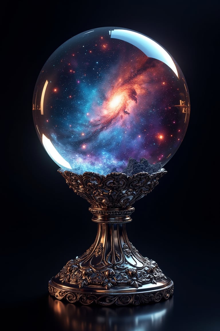 an ornate glass sphere with a chrome base containing a galaxy, black background, multicoloured lights, vibrant colours, high details, photorealistic, 16K,