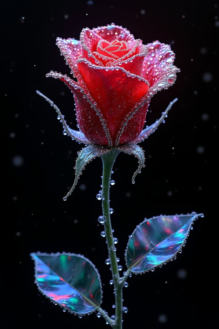 an ornate rose made of chrome, rain drops, black background, multicoloured lights, high details, photorealistic, 16K,