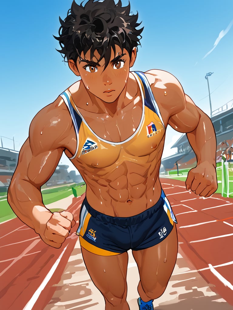 30 years old jock boy, black hair, brown eyes, track and field athlete, strong and energetic, muscular body, running shorts, tank top, tanned skin, sweat, on running court, sunny day, blue sky, looking down angle POV, windy, thick thighs, taking a rest, swipe sweats