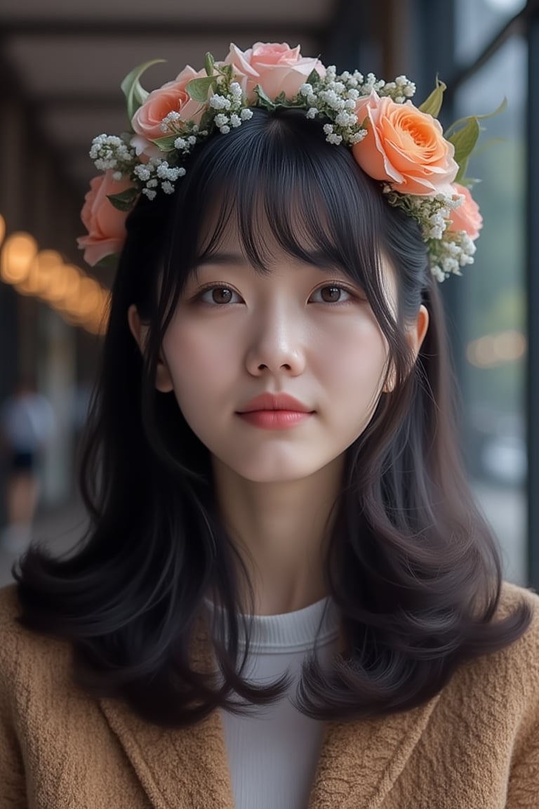 1girl, beautiful korean woman, bangs-hairstyle,dark long-hair,39yo,smile, straight_hair,background inside building,there is crown flowers in hair.