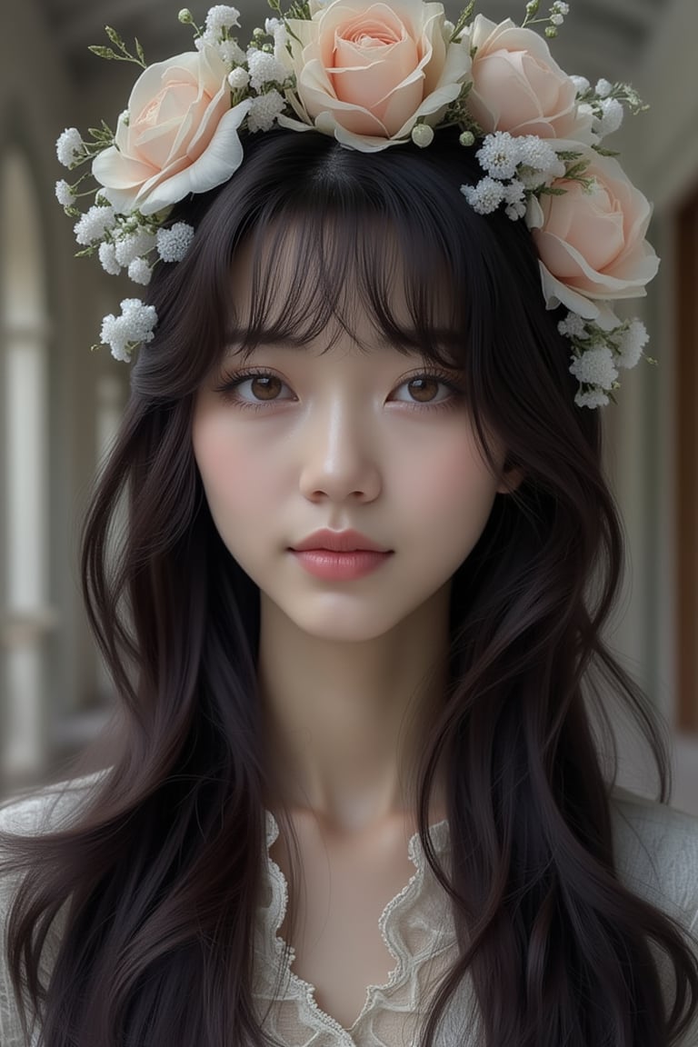 1girl, beautiful korean woman, bangs-hairstyle,dark long-hair,38yo,smile, straight_hair,background inside building,there is crown flowers in hair.