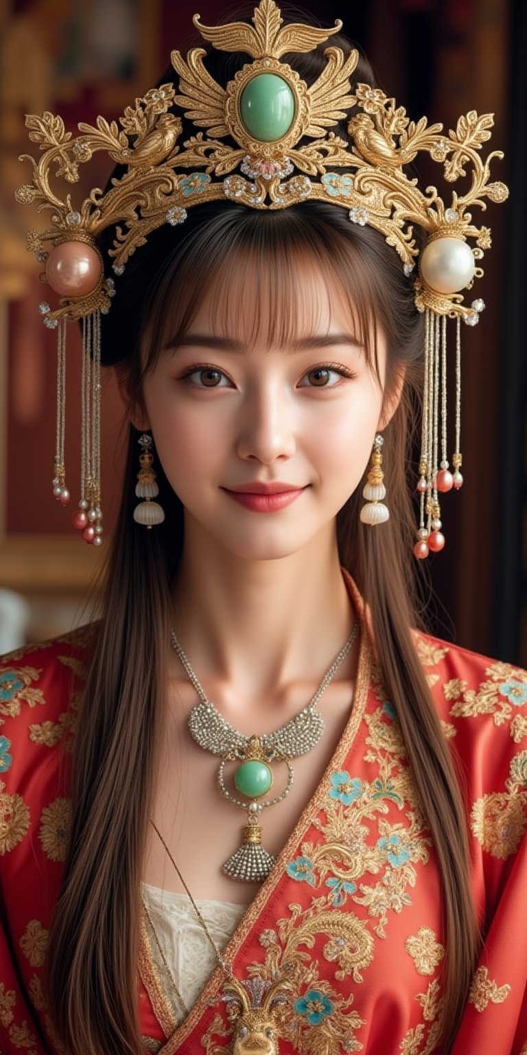 A stunning (korean woman), bangs-hairstyle ,cute-smile,wearing an opulent ancient Chinese empress costume,Her asian features, -brown eyes and fair skin, contrast beautifully with the ornate Chinese attire, Elaborate headdress adorned with gold filigree, jade beads, and hanging pearls, Intricate phoenix crown with delicate golden leaves and gemstones,Layered silk robes in rich red and gold, embroidered with dragons and auspicious symbols, Wide, flowing sleeves with detailed embroidery, Ornate collar piece studded with precious stones,Long blonde hair partially visible beneath the headdress,Beautiful woman,Photorealistic,Fantasy detailers 