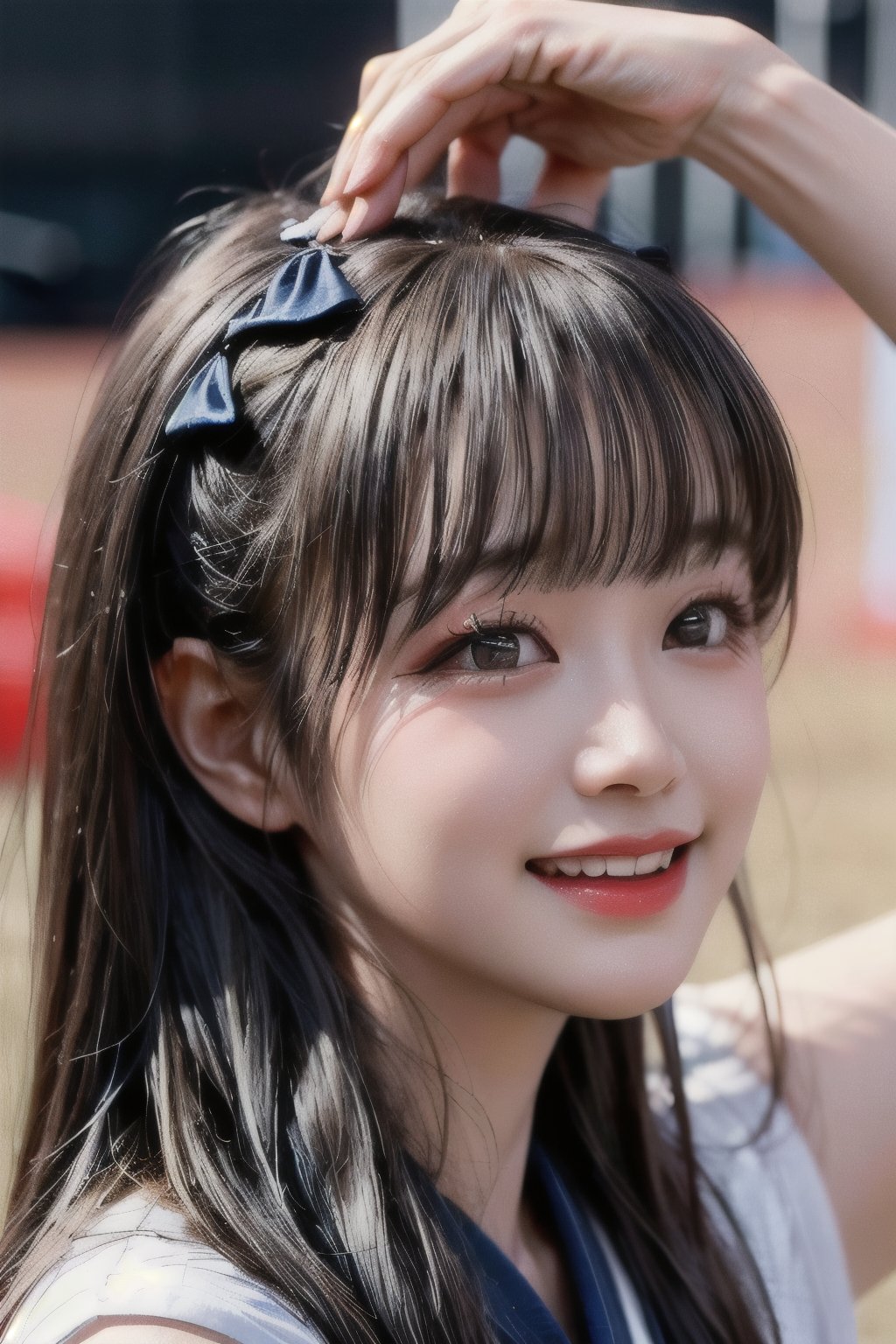 (Masterpiece, Top Quality, Best Quality, Official realistic,close-up Beauty and Aesthetics: 1.2), HDR, high contrast, wide shot(majestic:1.5), hyper realistic, highly detailed, uhd:1.3, RAW photo, korean woman,35 years old, bangs-hairstyle,Idol,1girl, grin, bow on head, fair skin,  school_uniform, pleated_skirt,