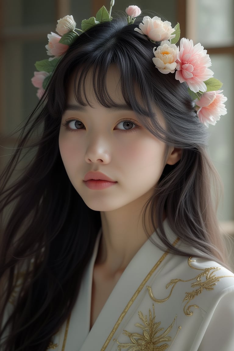 1girl, beautiful korean woman, bangs-hairstyle,dark long-hair,39yo,smile, straight_hair,background inside building,there is crown flowers in hair, extremely Realistic,ultraHD,high_resolution,high_detail,very_realistic.