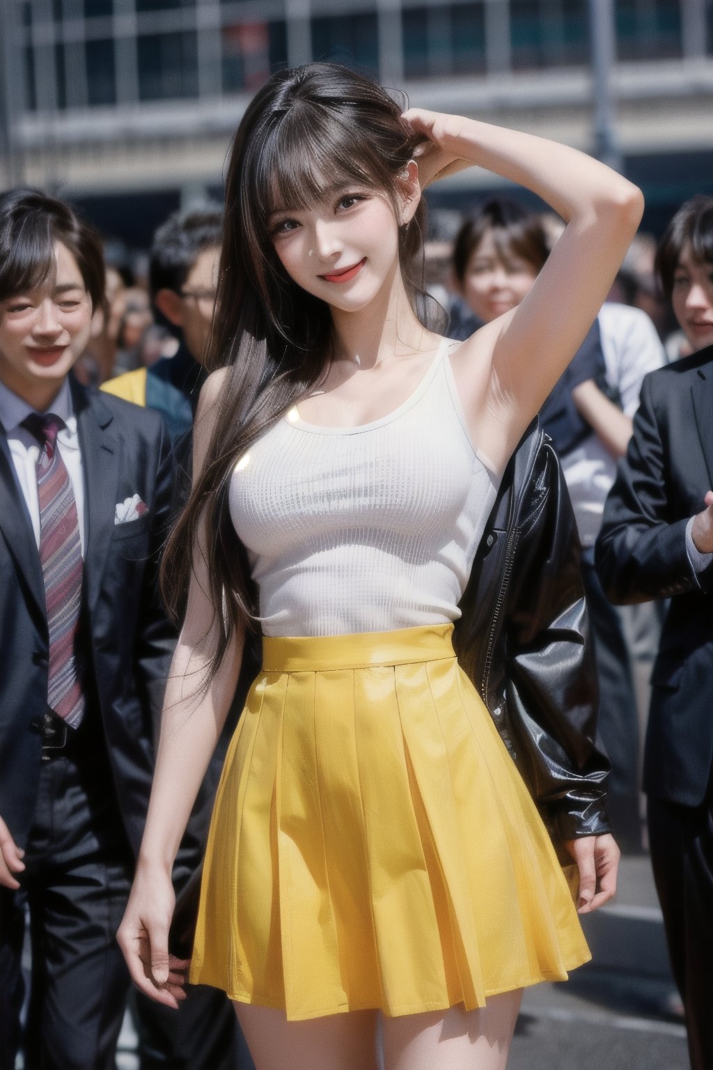 (Masterpiece, Top Quality, Best Quality, Official Art, Beauty and Aesthetics: 1.2), HDR, high contrast, wide shot(majestic:1.5), hyper realistic, highly detailed, uhd:1.3, RAW photo, korean woman,35 years old ,Idol,1girl, grin, bow on head, fair skin,  school_uniform, pleated_skirt,