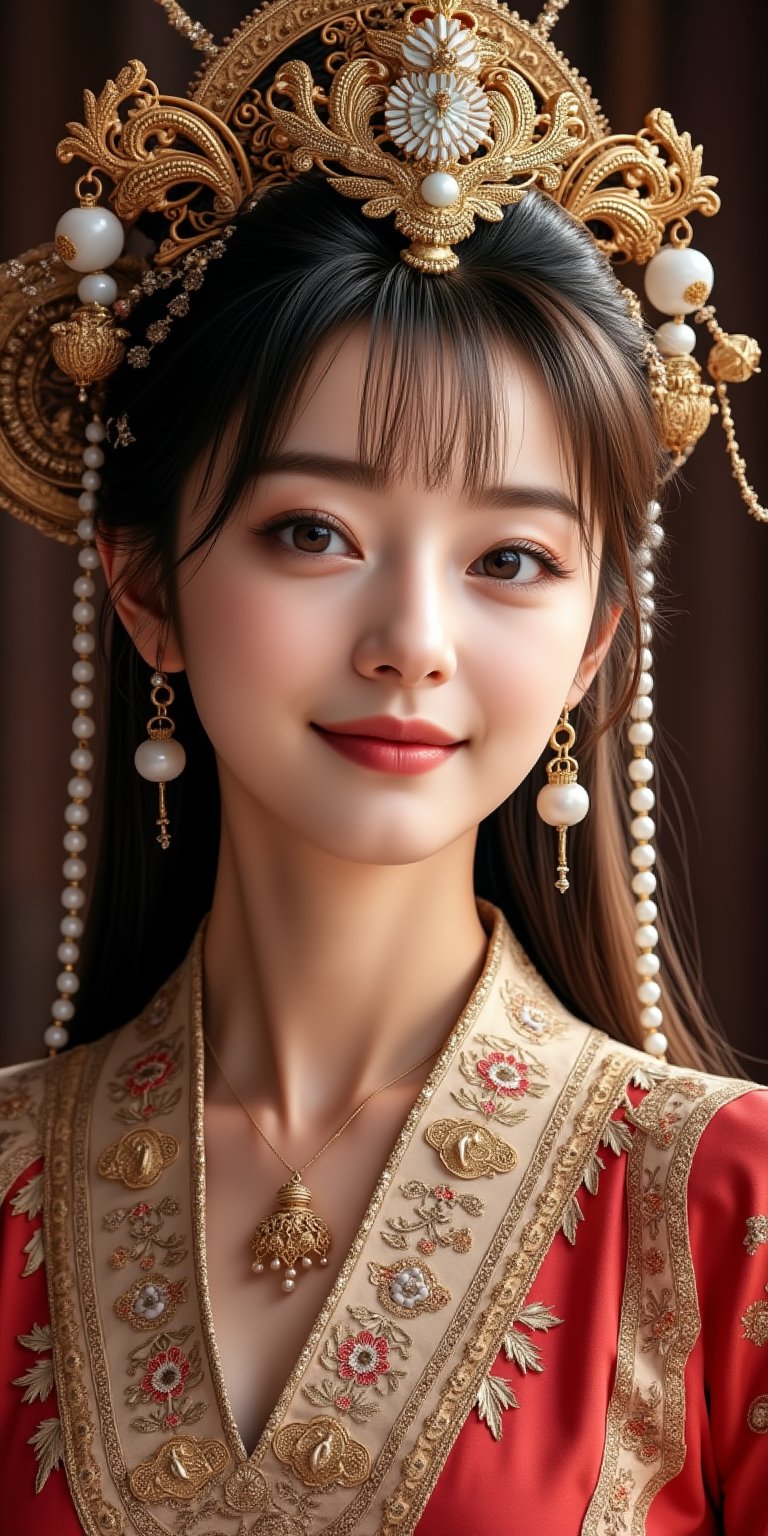 A stunning (korean woman), bangs-hairstyle ,cute-smile,wearing an opulent ancient Chinese empress costume,Her asian features, -brown eyes and fair skin, contrast beautifully with the ornate Chinese attire, Elaborate headdress adorned with gold filigree, jade beads, and hanging pearls, Intricate phoenix crown with delicate golden leaves and gemstones,Layered silk robes in rich red and gold, embroidered with dragons and auspicious symbols, Wide, flowing sleeves with detailed embroidery, Ornate collar piece studded with precious stones,Long blonde hair partially visible beneath the headdress,Beautiful woman,Photorealistic,Fantasy detailers 