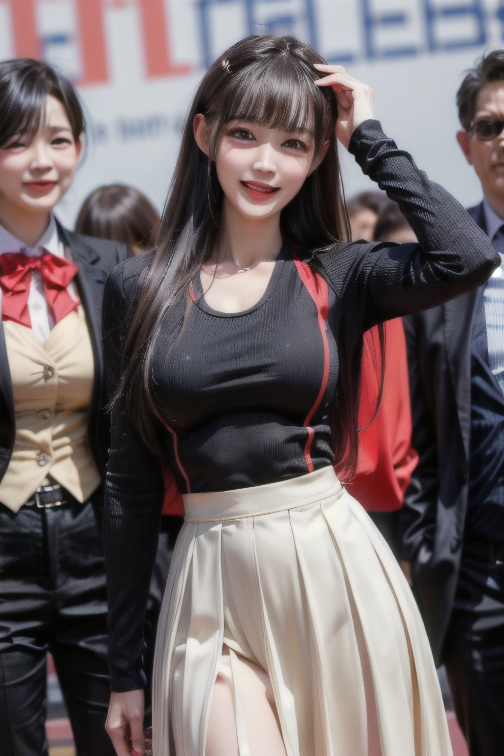 (Masterpiece, Top Quality, Best Quality, Official Art, Beauty and Aesthetics: 1.2), HDR, high contrast, wide shot(majestic:1.5), hyper realistic, highly detailed, uhd:1.3, RAW photo, korean woman,35 years old ,Idol,1girl, grin, bow on head, fair skin,  school_uniform, pleated_skirt,