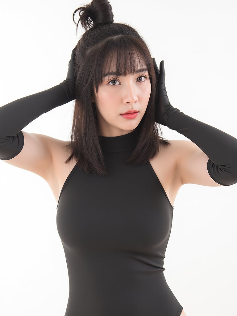 A photo of a 30-year-old beautiful korean woman.she has bangs-hairstyle.long dark-hair.WEARING long black latex gloves and SEE THORUGH turtle neck one-picec swimsuit. she is cosplayer. The photo was taken on film using flash photography. The background is white. The lighting is professional.,top single bun hair,red mouth,bang hair,light professional,hands behind head