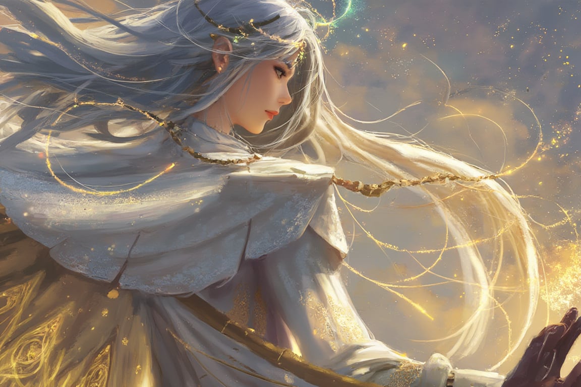 In a dreamlike, ethereal atmosphere, a serene girl with long white hair flowing like gold highlights in the cosmic aura, dons celestial robes adorned with white and gold patterns. Her shimmering wings and glowing feathers seem to weave a golden thread through the air as she casts arcane spells. Softly illuminated by divine light, her focused gaze radiates a gentle intensity amidst swirling celestial sparks and floating stars. Vibrant colors dance across the dreamlike sky, punctuated by radiant background clouds, while delicate golden lace embroidery adds an intricate touch to her flowing robes. As she weaves cosmic energy into her being, a halo of otherworldly light surrounds her, evoking the surreal, psychedelic patterns of Yoshitaka Amano, Klimt, and Alex Grey.